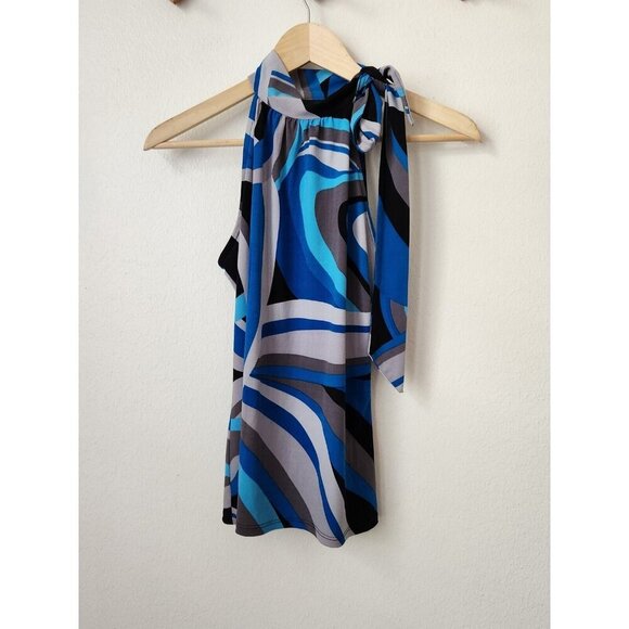 90s blue gray diagonal stripe tie neck sleeveless blouse‎ M/L club career top - Picture 1 of 5